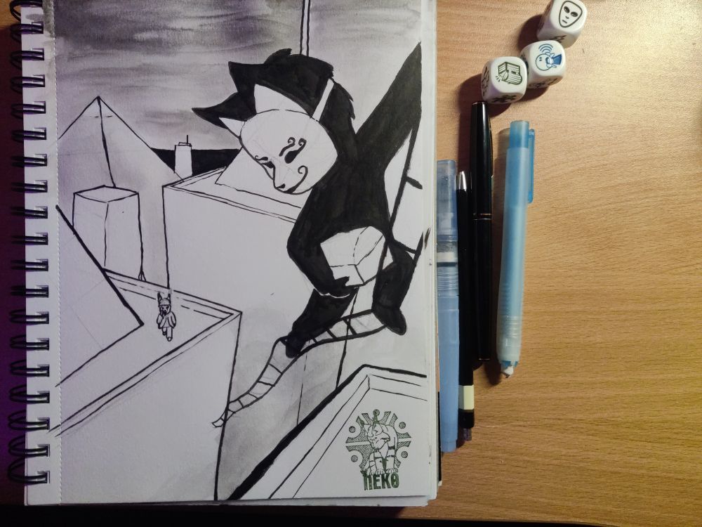 A drawing of a masked anthropomorphic cat on a rope ladder high above a cityscape. A male anthropomorphic lynx standing on the roof of a skyscraper calls out to the masked person.