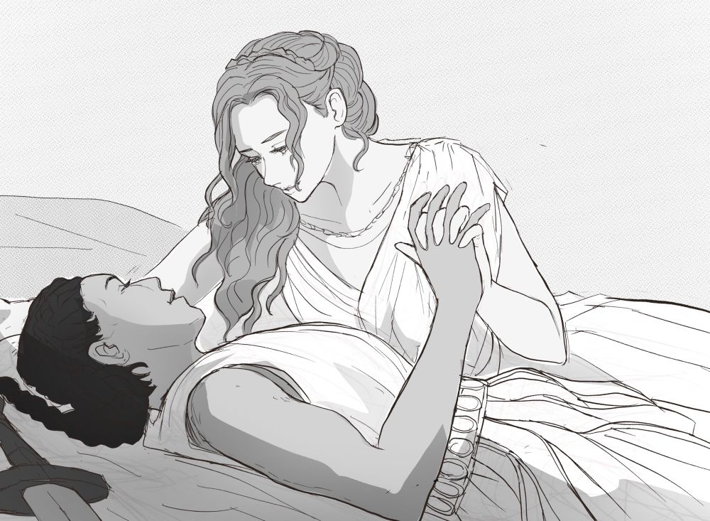 Sketch of characters from the sapphic YA romantasy “Gladiator, Goddess” by Morgan H Owen. Gia Valerii and Claudia Imperia have an intimate moment while resting