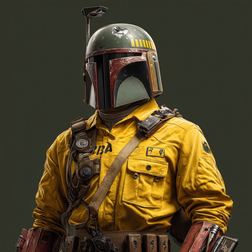 An AI-generated image of Star Wars character Boba Fett wearing a yellow shirt.