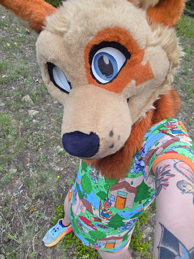 A red heeler fursuit in a forest-themed onesie taking a selfie