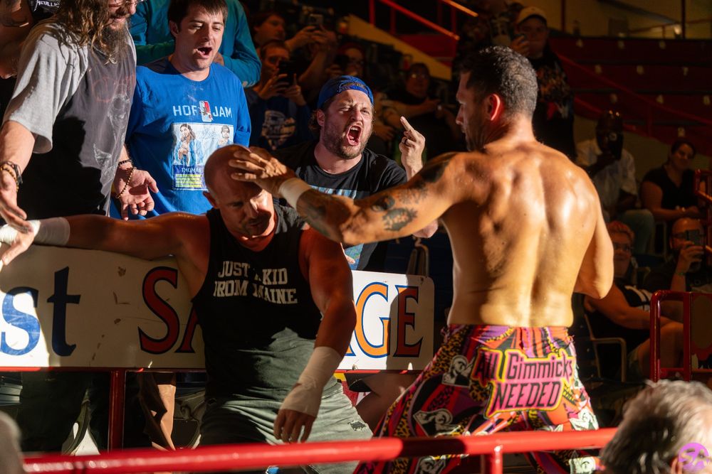 Scotty 2 Hotty and Dirty Dango brawl into the crowd at Limitless Wrestling's 2024 Vacationland Cup