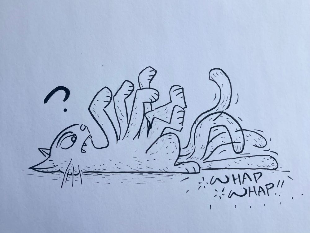 an annoyed cat with too many legs. but actually one very angry tail. likely the cat woke up this way.