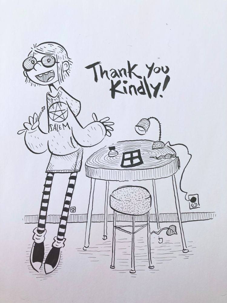 a pen & ink doodle of me as my persona Paddy Cakes wearing a Salem Hoodie with a pentacost. i'm standing next to my idealized drawing table saying 