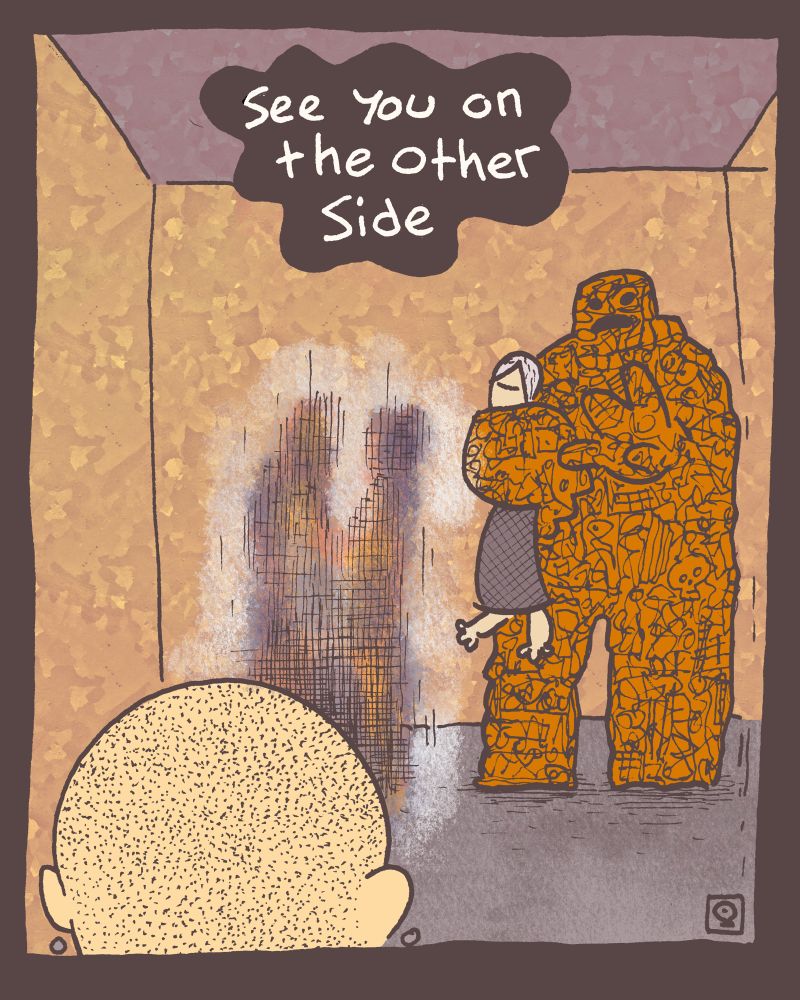 2 of 4

and indeed, they both vanish before the giant creature of garbage Randy with his outstretched arm keeping the portal open. in his other arm he holds tight the bean sidhe who has been causing all sorts of problems in previous pages.

"see you on the other side" little q.'s voice is heard saying.