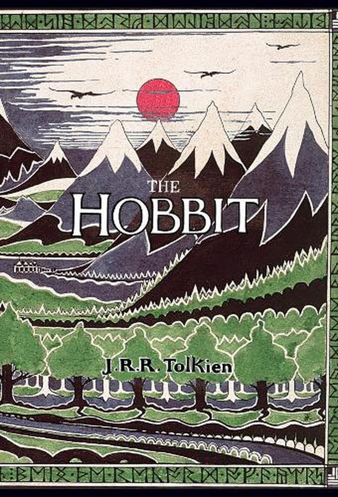 the original cover of The Hobbit. with a red sun, a forest, and MOUNTAINS, Gandalf! MOUNTAINS!!!