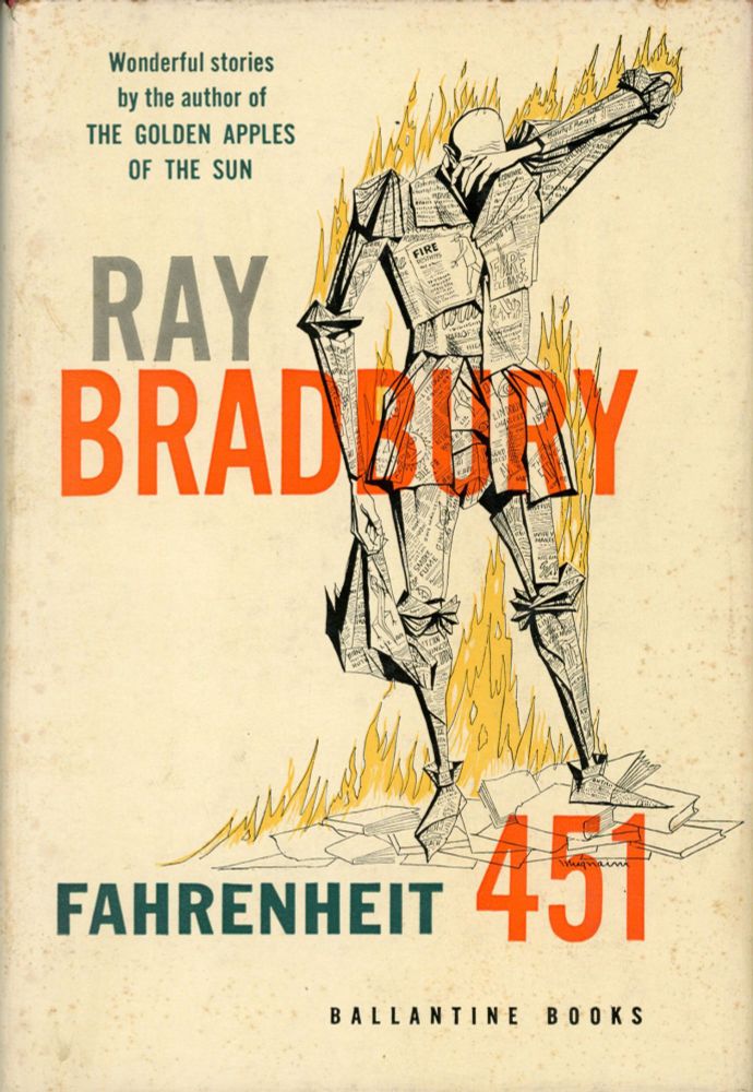 the original cover of Fahrenheit 451. a person made of book pages is on fire. goodness how book cover descriptions are so strange.
