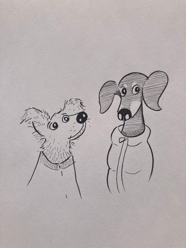 an ink drawing of two dogs
