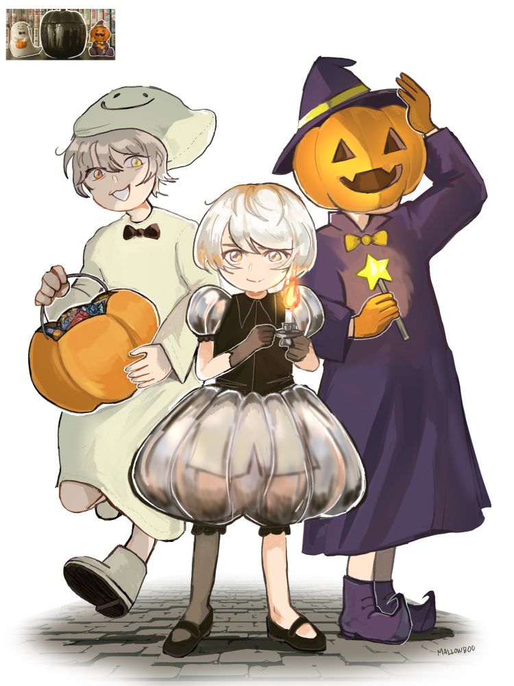 A drawing of three characters based on a photograph of three Halloween decorations, a ghost, a black pumpkin candle, and a Jack-o-lantern