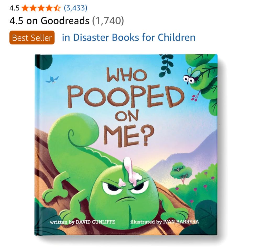 A book cover with an angry chameleon and the title WHO POOPED ON ME? It is listed as a best seller in "Disaster Books for Children"