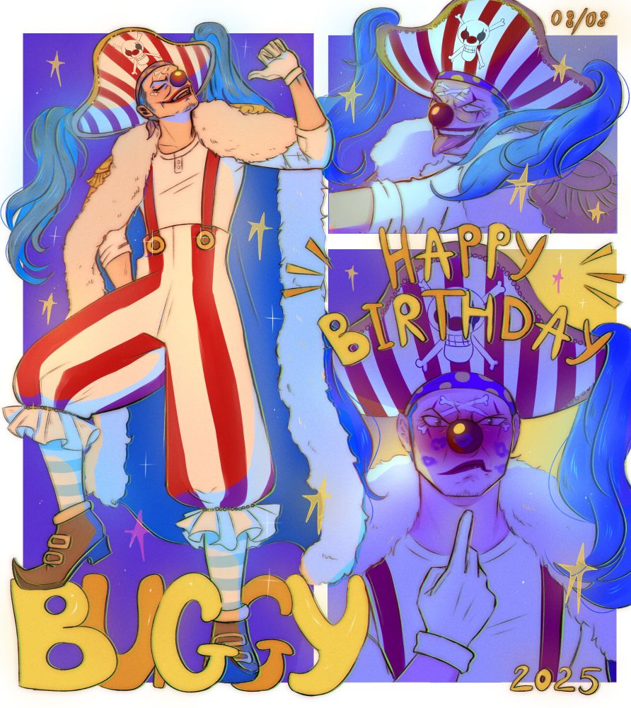 A full body image of Buggy striking a pose and two portraits of him with "happy birthday written"