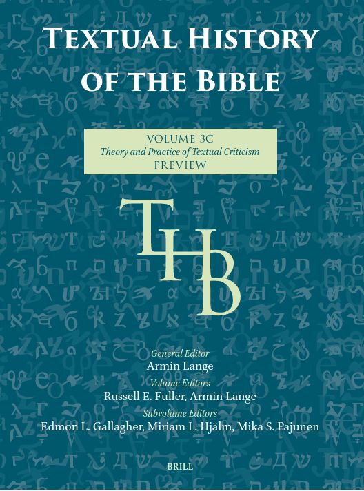 Book cover for the Textual History of the Bible volume 3C by Edmon L.Gallagher, Miriam L. Hjalm, and Mika S. Pajunen, featuring a minimalist design with a dark and light green colour scheme. 