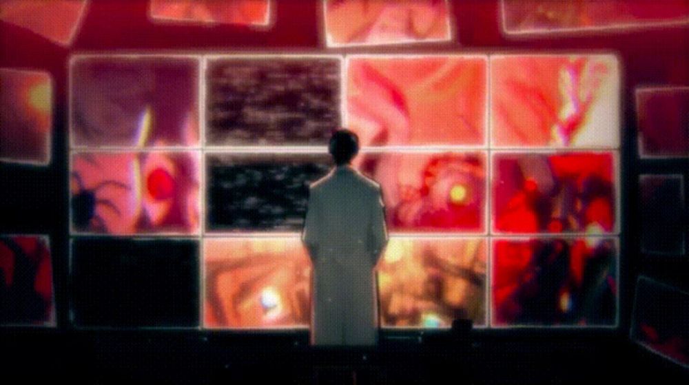 a man in a white coat stands in front of a wall of red pictures