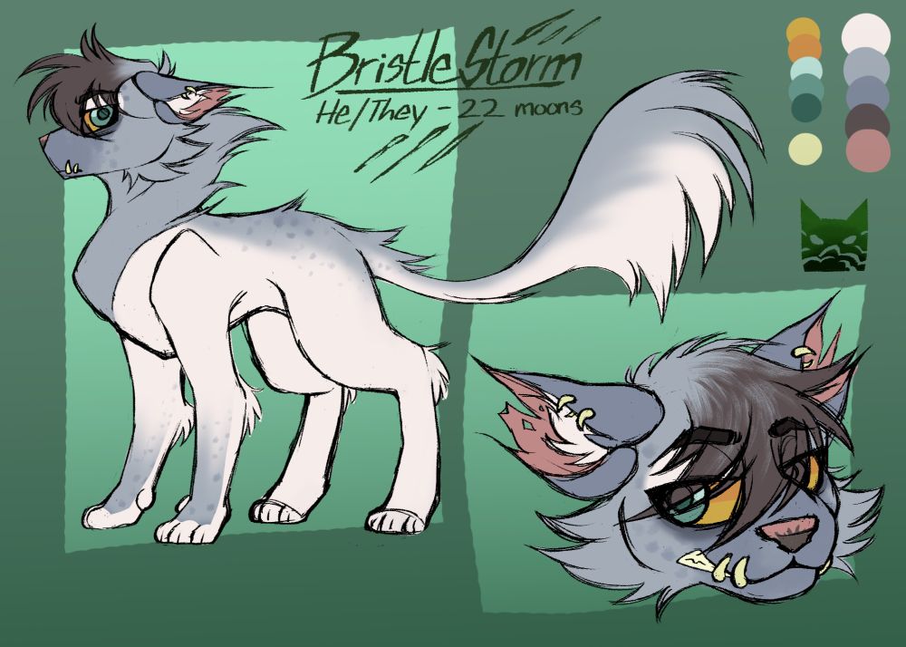 Drawing of a silver and white tomcat with dark brown fringe, torn up ears, and bone piercings in his ears and bottom lip 