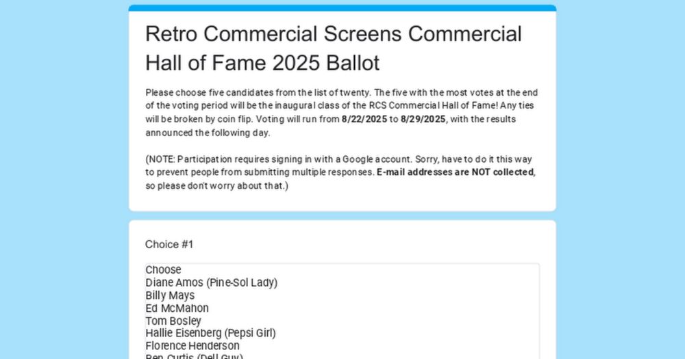 Please choose five candidates from the list of twenty. The five with the most votes at the end of the voting period will be the inaugural class of the RCS Commercial Hall of Fame! Any ties will be bro...