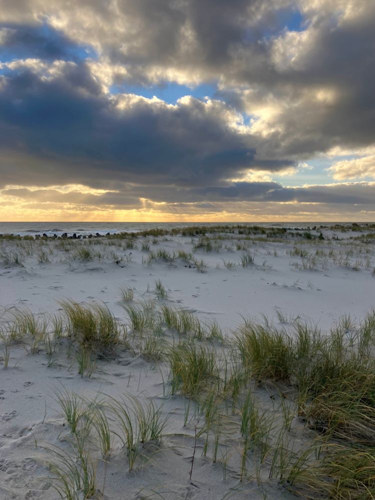 Blick über Sanddünen zur Nordsee. Sonne, die bald untergeht, und dunkle Wolken bilden starke Kontraste am Himmel 