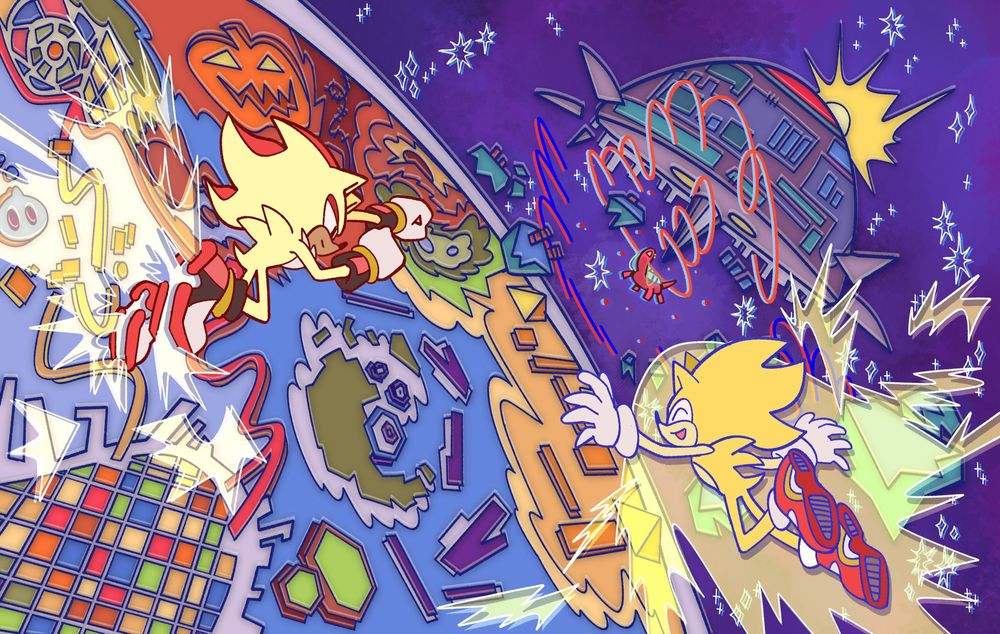Digital Fanart of Sonic Adventure 2 Depicting Shadow and Sonic Flying overtop the full Menu Map screen of SA2. The biolizard looms cutely in the distance.