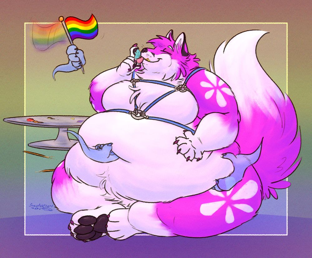 A final drawing of the fox, now much fatter than he started. His harness is straining, and the cake is all gone. He licks a final bit of frosting off his paw while ghost paws grasp at his belly.