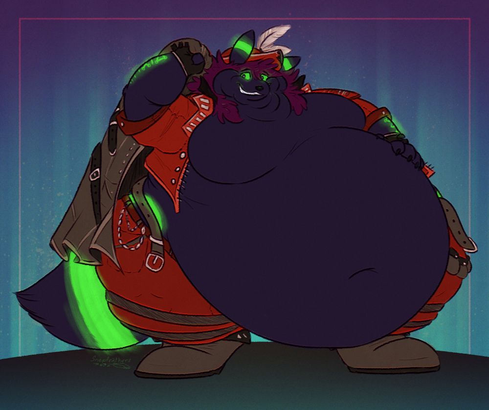 A digital drawing of a fat umbreon in final fantasy inspired adventuring gear.