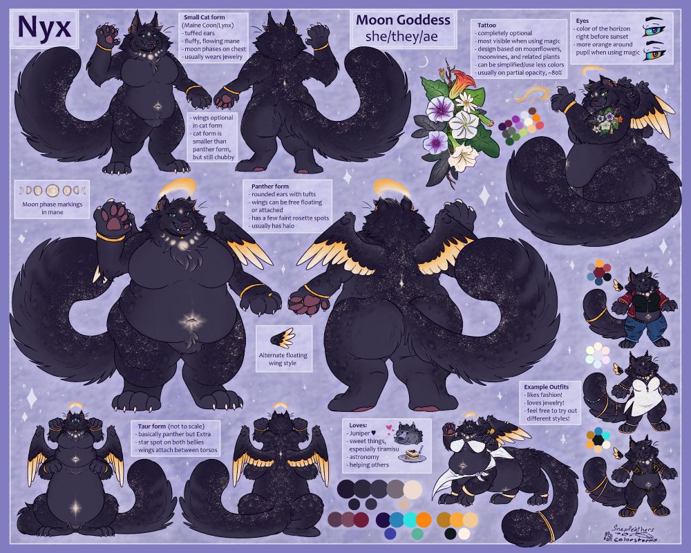 A reference sheet of Nyx, a fat anthro black cat/panther