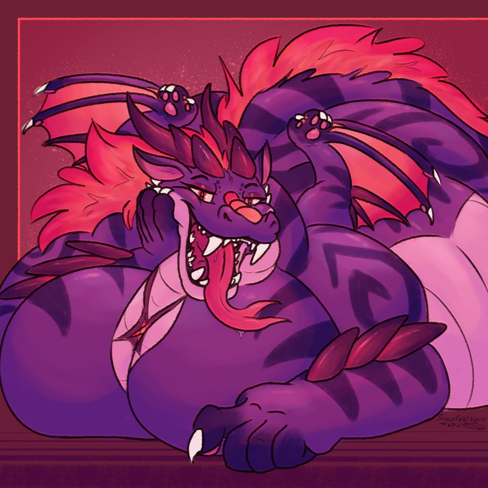 A digital drawing of a fat purple dragon. She is looking at the viewer with her mouth open.