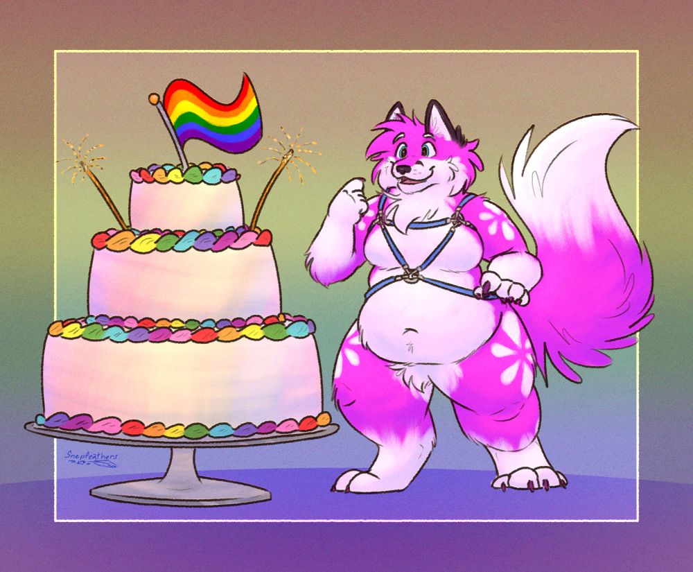 A digital drawing of a chubby pink and white anthro fox wearing a light blue harness. A huge rainbow cake sits in front of him, and he looks pleasantly surprised by it.