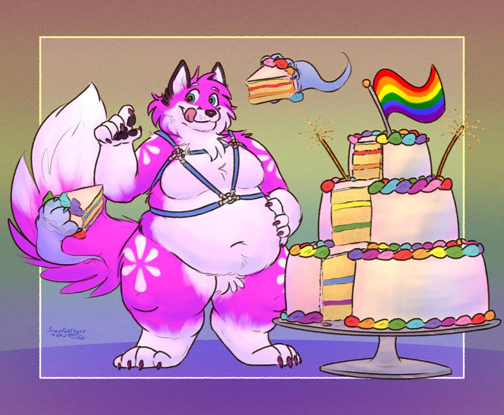 The same fox as the last image, but now chubbier than before. Ghost paws have started offering him slices of the rainbow cake, and he licks his lips as more slices come his way.