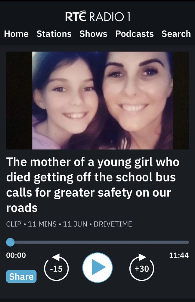 Screenshot of RTE Drivetime web page podcast featuring an interview with Stella McMullan, whose 11 year old daughter was killed after stepping off her school bus in March 2025.