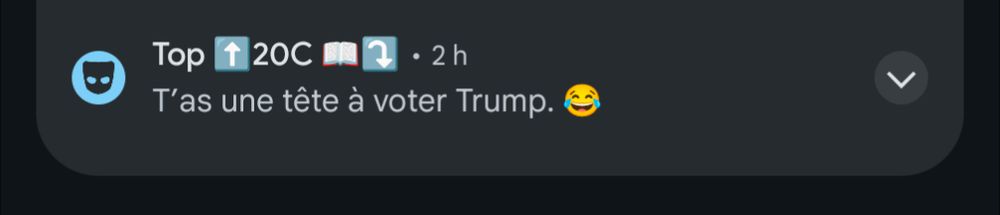 Une alerte de message Grindr disant "T'as une tête à voter Trump. 😂