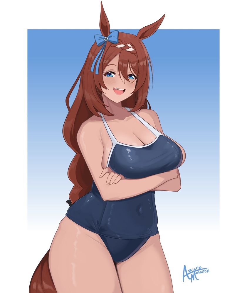Drawing of Super Creek from Umamusume: Pretty Derby in a traditional school swimsuit.