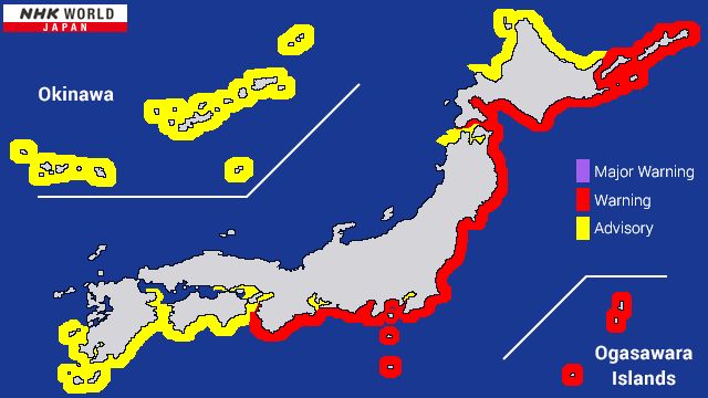 Map showing tsunami warnings