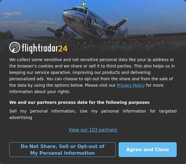 FR24 with a notice about 103 partners
