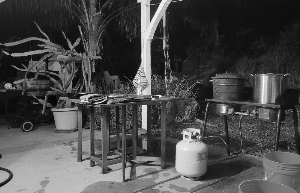 Black and white photo with propane canister, pots, table, dragonfruit plant, ham radio antenna mount visible 