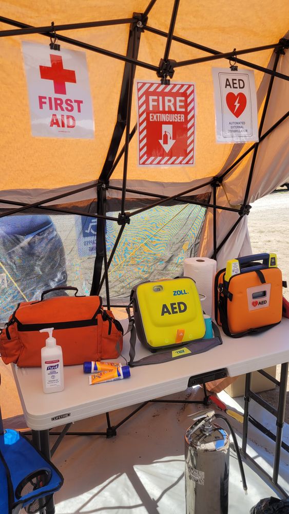 Several AEDs, first aid kit, fire extinguisher
