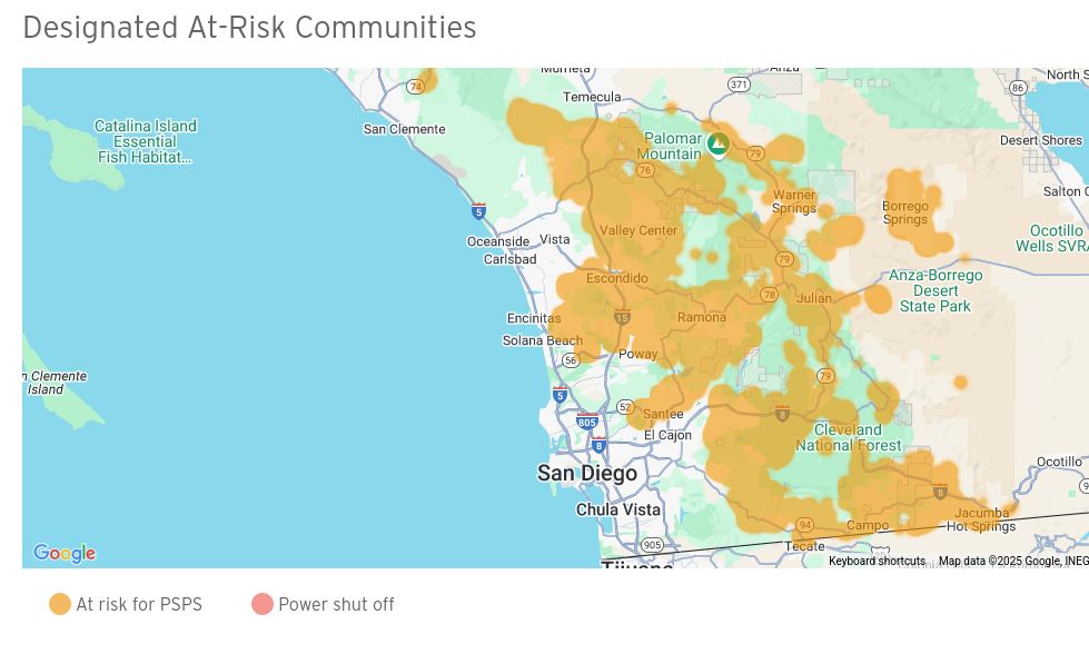 Blotch of orange on a map behind Encininatas indicating power will be shut off probably due to wind