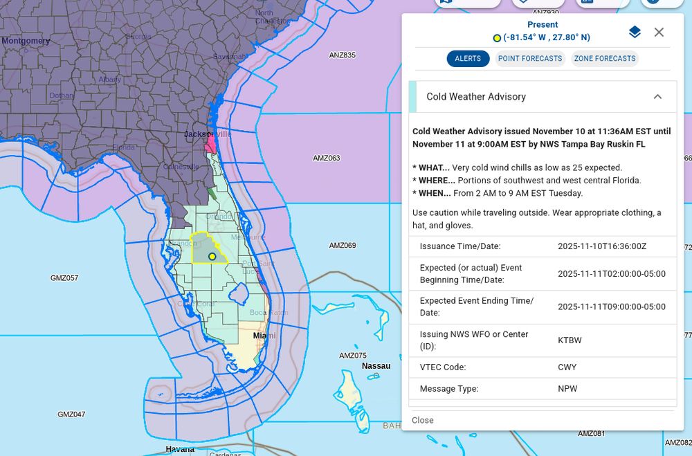 Cold Weather Advisory issued November 10 at 11:36AM EST until November 11 at 9:00AM EST by NWS Tampa Bay Ruskin FL

* WHAT... Very cold wind chills as low as 25 expected.
* WHERE... Portions of southwest and west central Florida.
* WHEN... From 2 AM to 9 AM EST Tuesday.

Use caution while traveling outside. Wear appropriate clothing, a hat, and gloves.