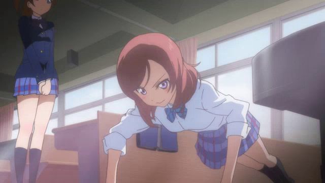 a girl in a school uniform is doing push ups in a classroom