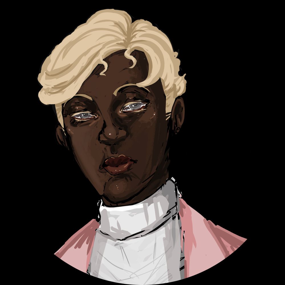 Art by me! A young black man with neatly styled blond hair, eyebrows, and eyelashes. He has grey eyes and a neutral, inquisitive expression. He is wearing a white turtleneck with a pink suit over it. 