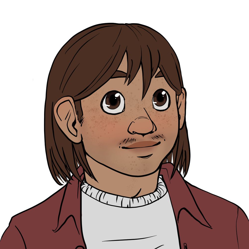 Art by Inksword on Bluesky! A biracial man with medium length brown hair and brown doe eyes. He has a a peach fuzz mustache and a slight smile. He is wearing a white T-shirt and a faded red jacket over it. 