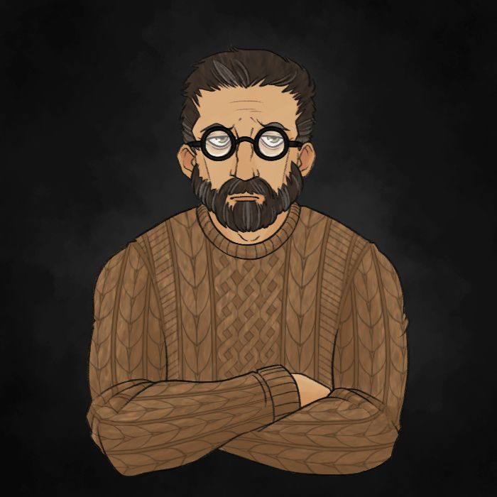 Art by Zygomatic Process on Bluesky. Pictured is a slightly tan Caucasian man with greying brown hair and a equally greying beard. He has thick rimmed glasses and a brown knitted sweater. His expression is dower. 
