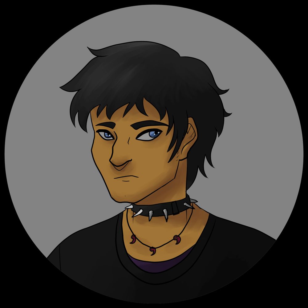 Art by TheNicholeZone on Bluesky. A young boy of Japanese-Greek Descent. He has black hair and clothes. He is wearing two necklaces, one being a spiked collar. His expression is neutral looking to the right. He probably has better places to be. 