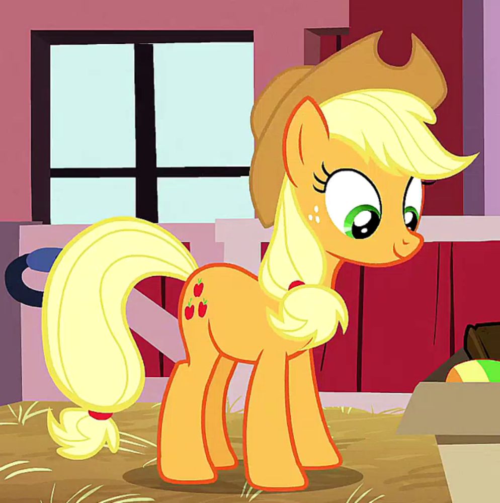 applejack from my little pony is standing in a barn