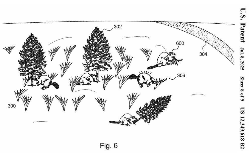 Patent drawing of beavers gnawing away at trees.