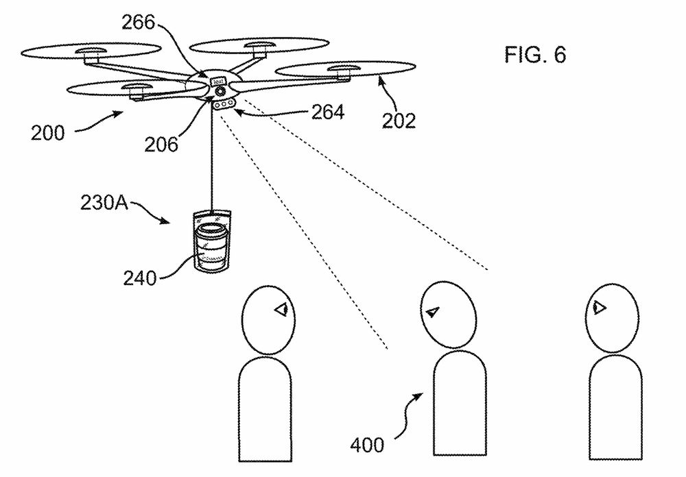 Patent drawing of a drone from which a coffee cup is dangling. The drone is scanning a group of three people to select the recipient.