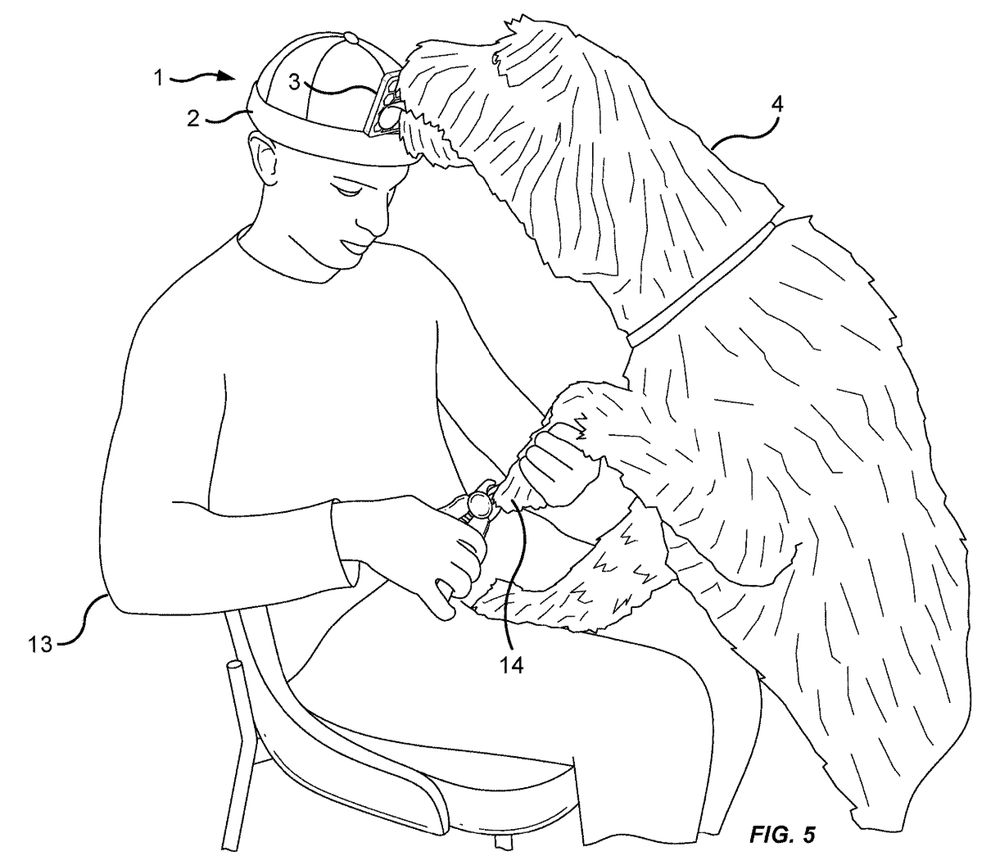 Patent drawing of a large dog licking a man's hat as the man cuts the dog's nails.