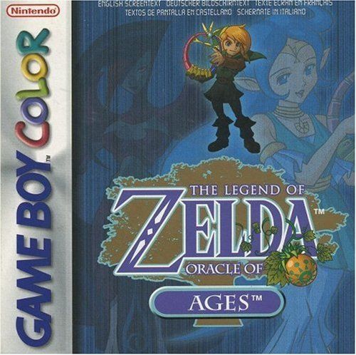 The box for the video game The Legend of Zelda: Oracle of Ages. The game title is in an outlined blue typeface against the silhouette of a large tree. A round fruit hangs from the word "Zelda". Link, a blonde boy with a harp and a green tunic, stands above the title. In the background are a blue-haired woman in a flowing teal dress who holds the same harp and a red-haired woman in a dramatic, revealing breastplate and a long skirt.