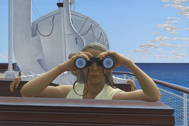 Alex Colville's painting "To Prince Edward Island". A woman in a sleeveless summer top looks through binoculars at the viewer. She is on the top deck of an island ferry. Her elbows rest on the back of a bench. A man in a button-up shirt sits behind her, arms across the top of another bench and his face hidden by her hand. The ocean is calm and the sky is clear with just a few thin clouds on the right. The painting feels unsettling, like the woman is looking straight through you.