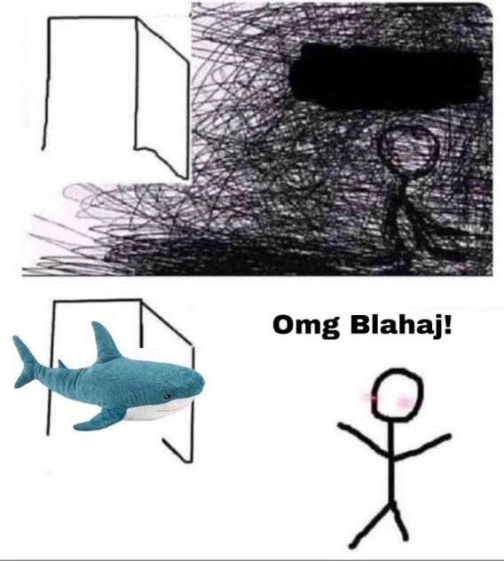 Depressed person in a dark room

Blahaj enters the room with an excited person saying OMG BLAHAJ 