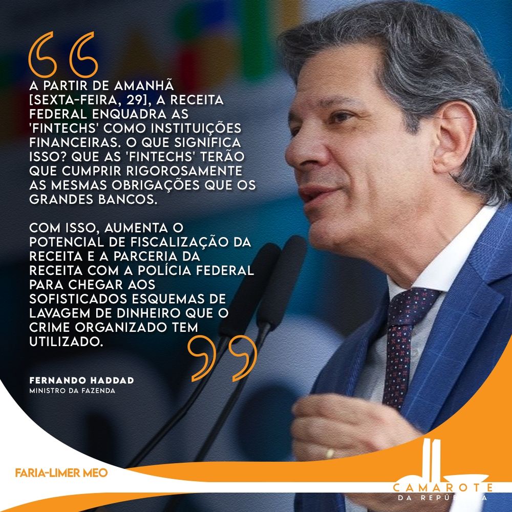 Card com fundo azul e layout gráfico profissional, contendo a imagem de Fernando Haddad (ministro da Fazenda) falando ao microfone. Ele aparece à direita da imagem, de perfil, usando terno azul e gravata com estampa discreta. À esquerda, em destaque, está uma citação atribuída a ele, em letras brancas com aspas laranjas grandes no início e no fim. O texto diz: 