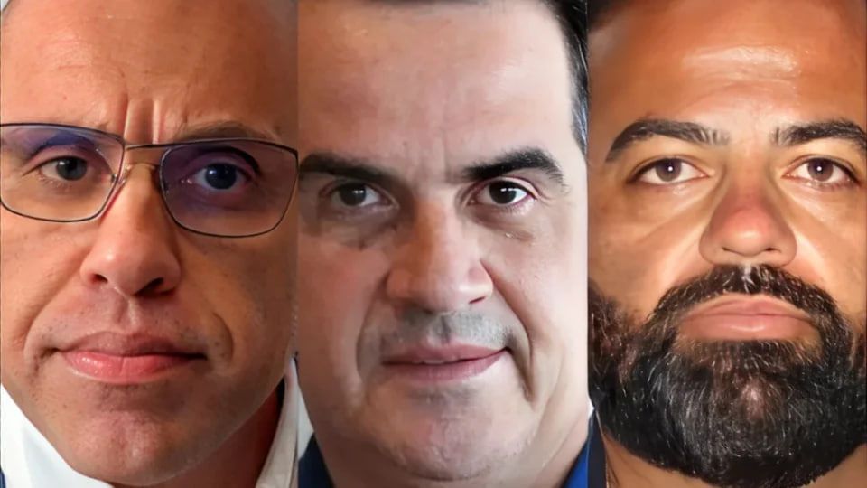 Montagem com três retratos lado a lado, em enquadramento fechado nos rostos, mostrando Mohamad Hussein Mourad, Ciro Nogueira e Roberto Augusto Leme da Silva. À esquerda, Mohamad Hussein Mourad aparece com expressão séria, usando óculos de armação fina e camisa clara. Ao centro, Ciro Nogueira, presidente nacional do PP, Senador e ex-ministro da Casa Civil, encara diretamente a câmera com olhar firme, terno azul e semblante tenso. À direita, Roberto Augusto Leme da Silva aparece com barba cheia, pele bronzeada e expressão fechada, também olhando em direção à câmera.