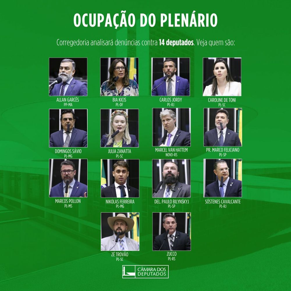 Card com fundo verde e o título em amarelo “OCUPAÇÃO DO PLENÁRIO”. Abaixo, em branco, o texto “Corregedoria analisará denúncias contra 14 deputados. Veja quem são:”. Ao centro, há fotos individuais dos parlamentares em três fileiras, todos falando ao microfone no plenário, com nome e partido/estado identificados.
De cima para baixo e da esquerda para a direita:

Allan Garcês (PP-MA)

Bia Kicis (PL-DF)

Carlos Jordy (PL-RJ)

Caroline de Toni (PL-SC)

Domingos Sávio (PL-MG)

Julia Zanatta (PL-SC)

Marcel van Hattem (NOVO-RS)

Pr. Marco Feliciano (PL-SP)

Marcos Pollon (PL-MS)

Nikolas Ferreira (PL-MG)

Del. Paulo Bilynskyj (PL-SP)

Sóstenes Cavalcante (PL-RJ)

Zé Trovão (PL-SC)

Zucco (PL-RS)

Na parte inferior, o logotipo branco da Câmara dos Deputados.
